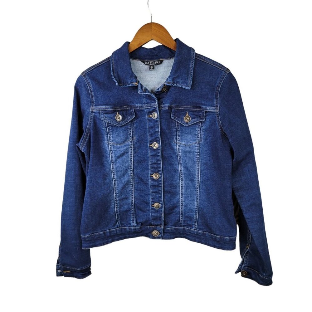 Baccini Size Medium Denim Jean Jacket Coat button up Stretch Western Cowgirl